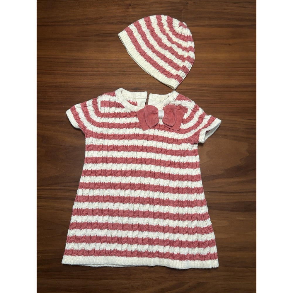 Cynthia Rowley Baby Girl 6-9M Knit Dress & Hat Set Pink Cream Striped Bow